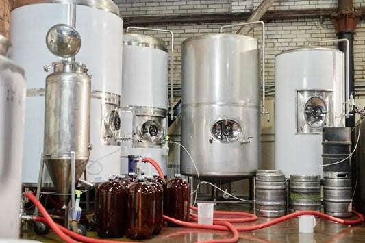 Cuve de fermentation et bouteilles de kombucha dans une brasserie artisanale