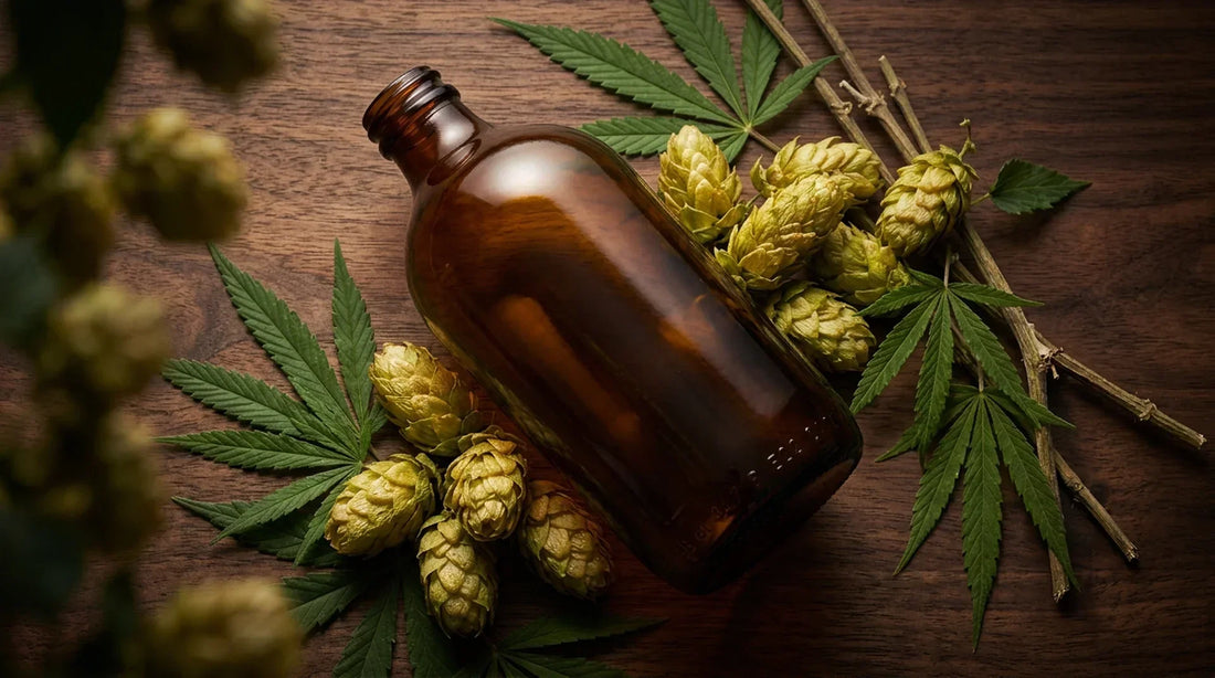 Houblon Cascade et feuilles de chanvre bio autour d'une bouteille Stubby ambrée Hop Collins non étiquetée, kombucha artisanal Galatea