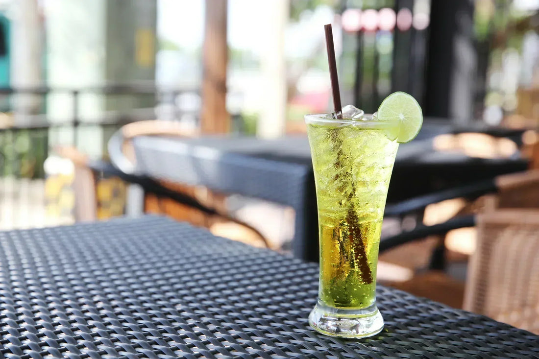 Verre de kombucha Virgin Mojito glacé garni de menthe fraîche et citron vert en terrasse